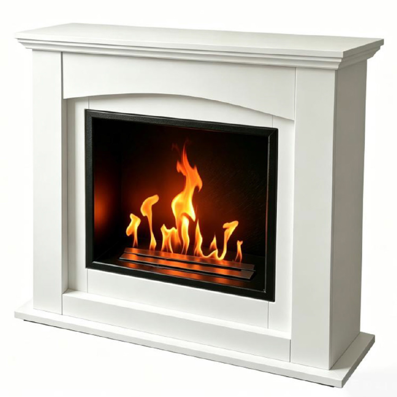 Camino a bioetanolo Micky con struttura in MDF bianco, luci LED decorative, bruciatore da 1,7 L e design moderno.