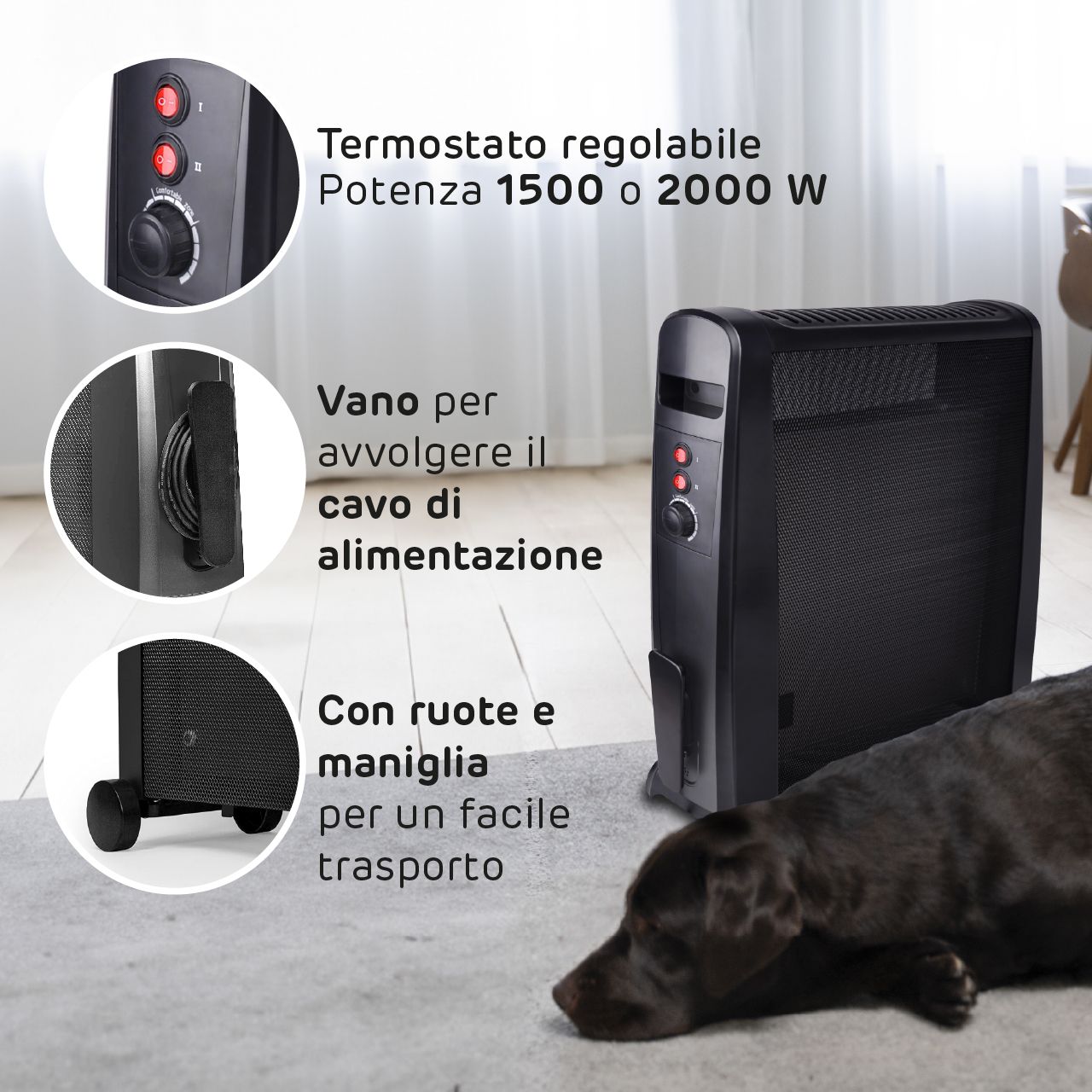 Radiatore elettrico Romeo con elemento in Mica, potenza 2000 W, termostato regolabile, ruote e maniglia per il trasporto.