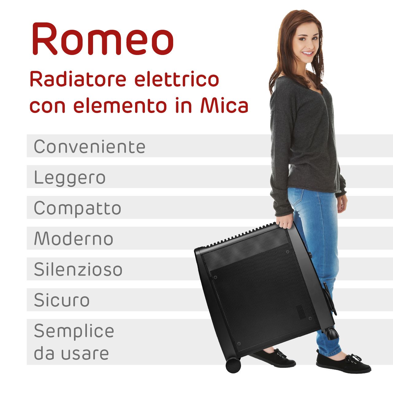 Radiatore elettrico Romeo con elemento in Mica, potenza 2000 W, termostato regolabile, ruote e maniglia per il trasporto.