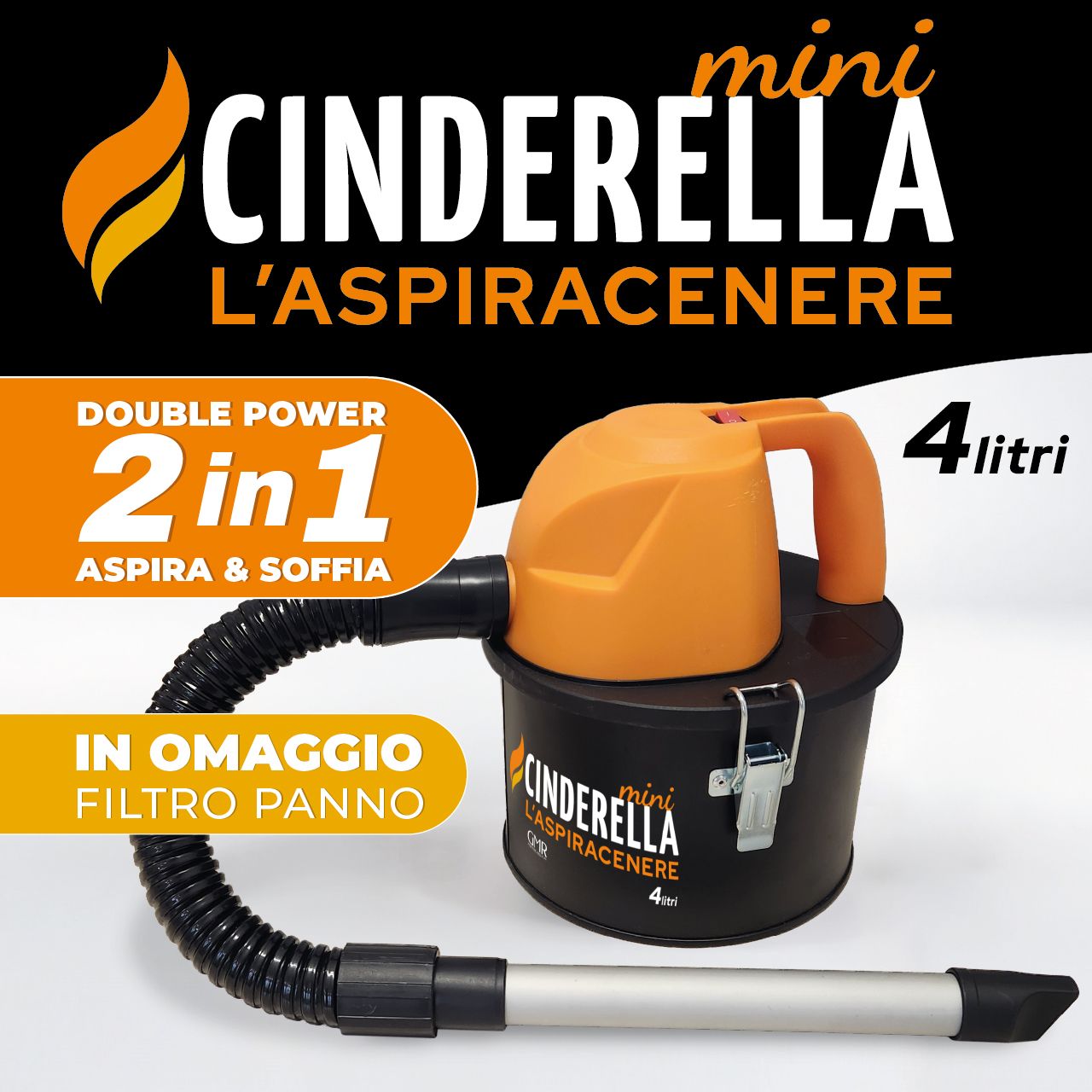 Cinderella Mini aspiracenere Double Power 2 in 1 da 600 W, con funzione aspira e soffia, filtro HEPA e filtro di panno.
