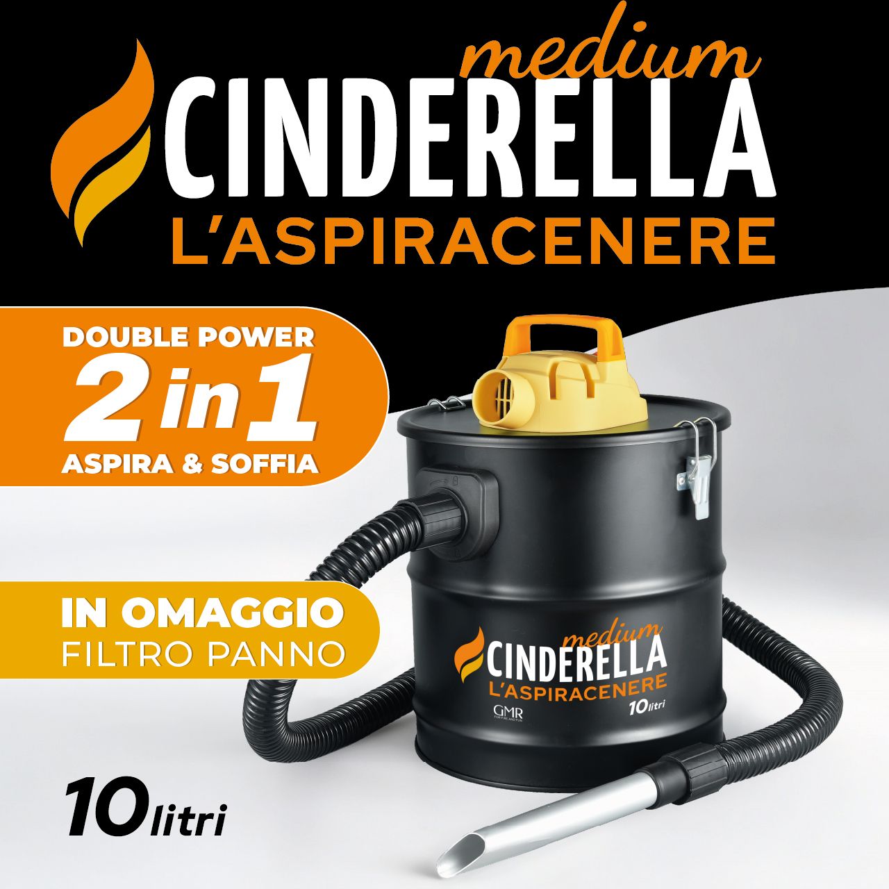Cinderella Medium aspiracenere Double Power 2 in 1 da 800 W, con funzione aspira e soffia, filtro HEPA e filtro di panno.