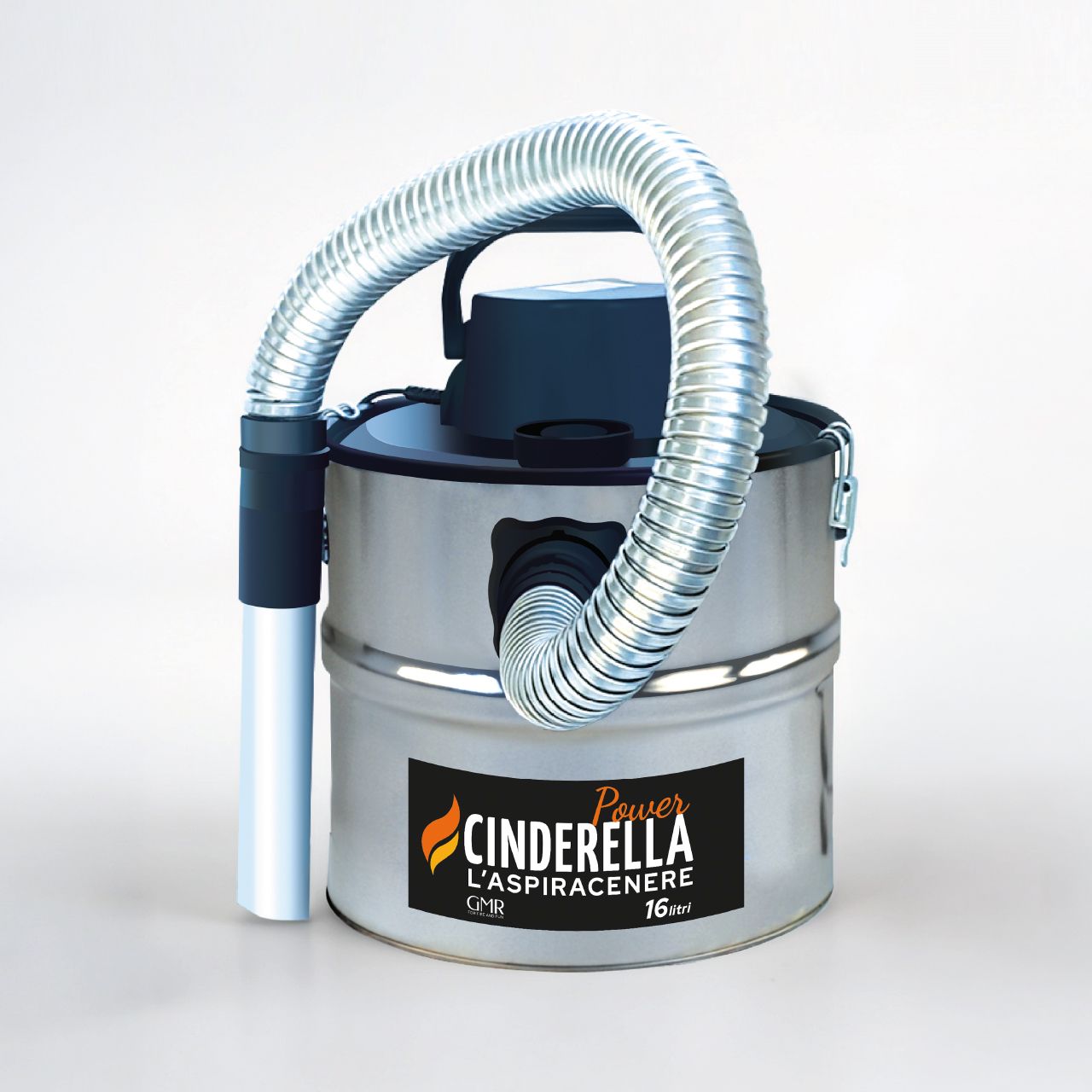 Cinderella Power aspiracenere 16 litri per camini e stufe a pellet con doppio filtro HEPA, tubo in alluminio e motore da 1200 Watt.
