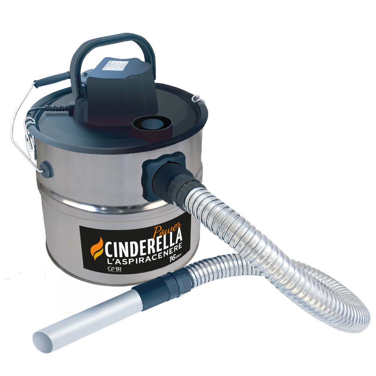 Cinderella Power aspiracenere 16 litri per camini e stufe a pellet con doppio filtro HEPA, tubo in alluminio e motore da 1200 Watt.