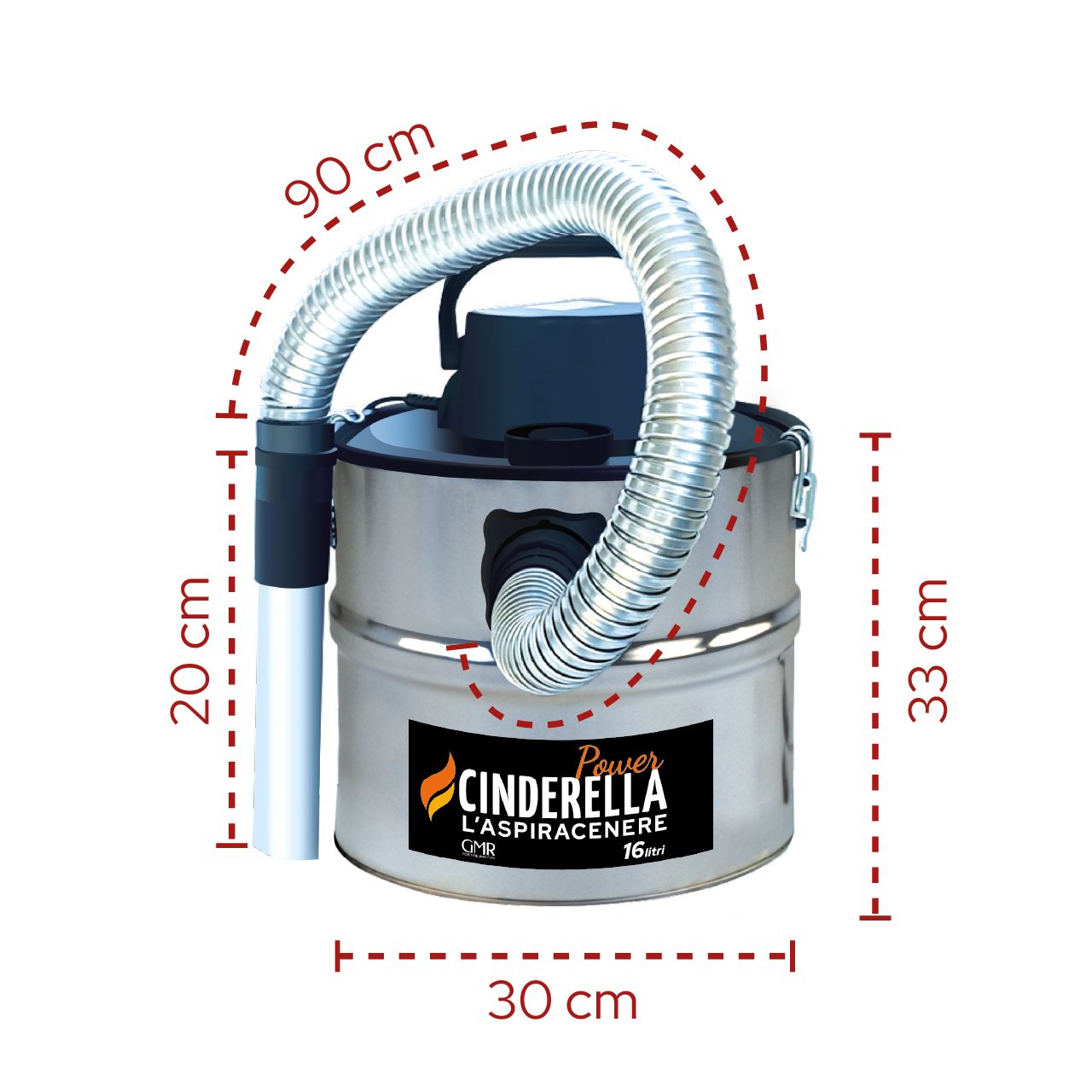 Cinderella Power aspiracenere 16 litri per camini e stufe a pellet con doppio filtro HEPA, tubo in alluminio e motore da 1200 Watt.