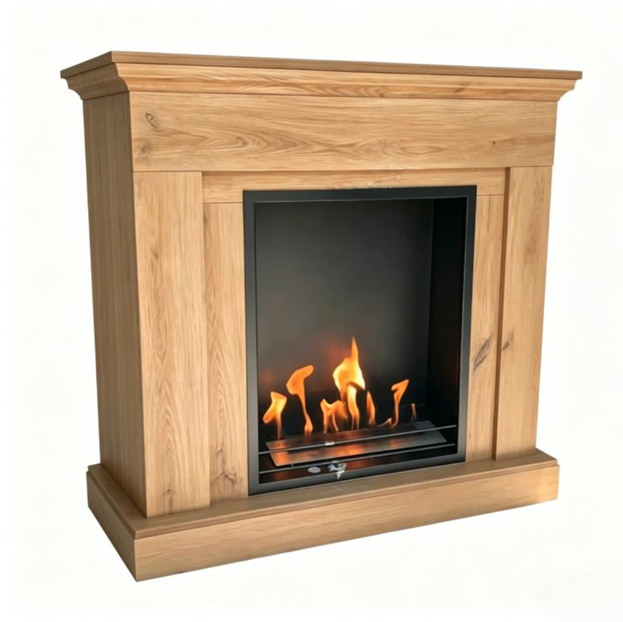 Camino a bioetanolo Ronald con struttura in MDF finitura rovere, bruciatore da 1,7 L e design moderno senza canna fumaria.