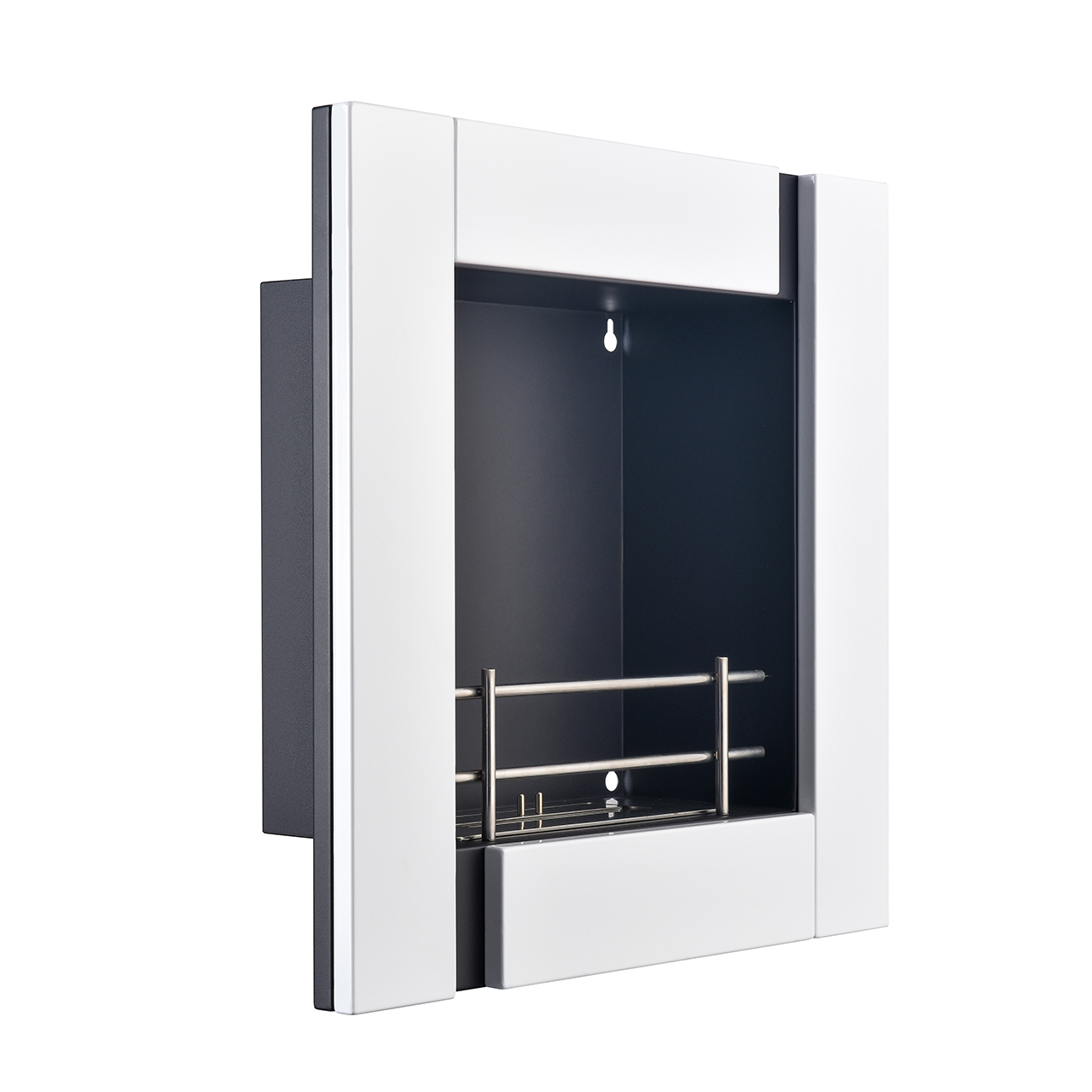 Camino a bioetanolo Picasso da parete o da incasso, con struttura in MDF, inserto in acciaio nero, doppia protezione metallica e bruciatore certificato da 1,2 litri.