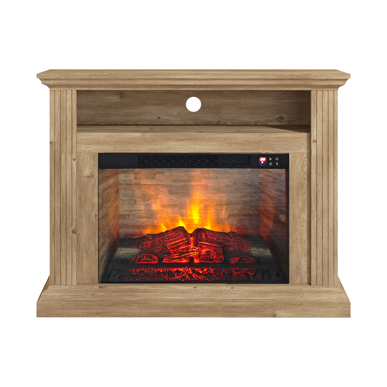 Camino elettrico Nancy con mensola, mantello in MDF color rovere, effetto fiamma LED a 7 colori e riscaldamento regolabile.