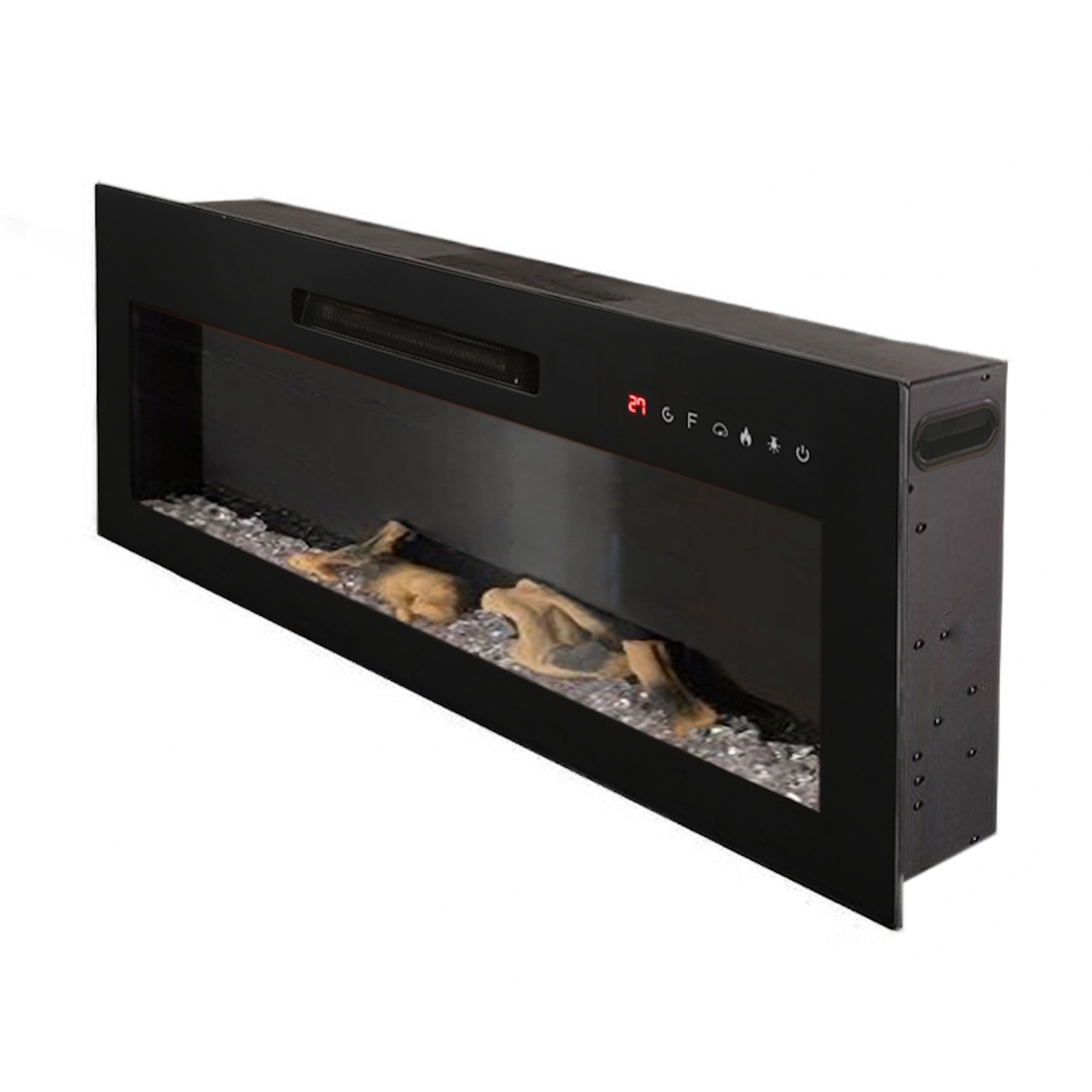 Camino elettrico da parete Hermes con cornice in vetro, effetto fiamma LED multicolore, riscaldamento regolabile e telecomando.