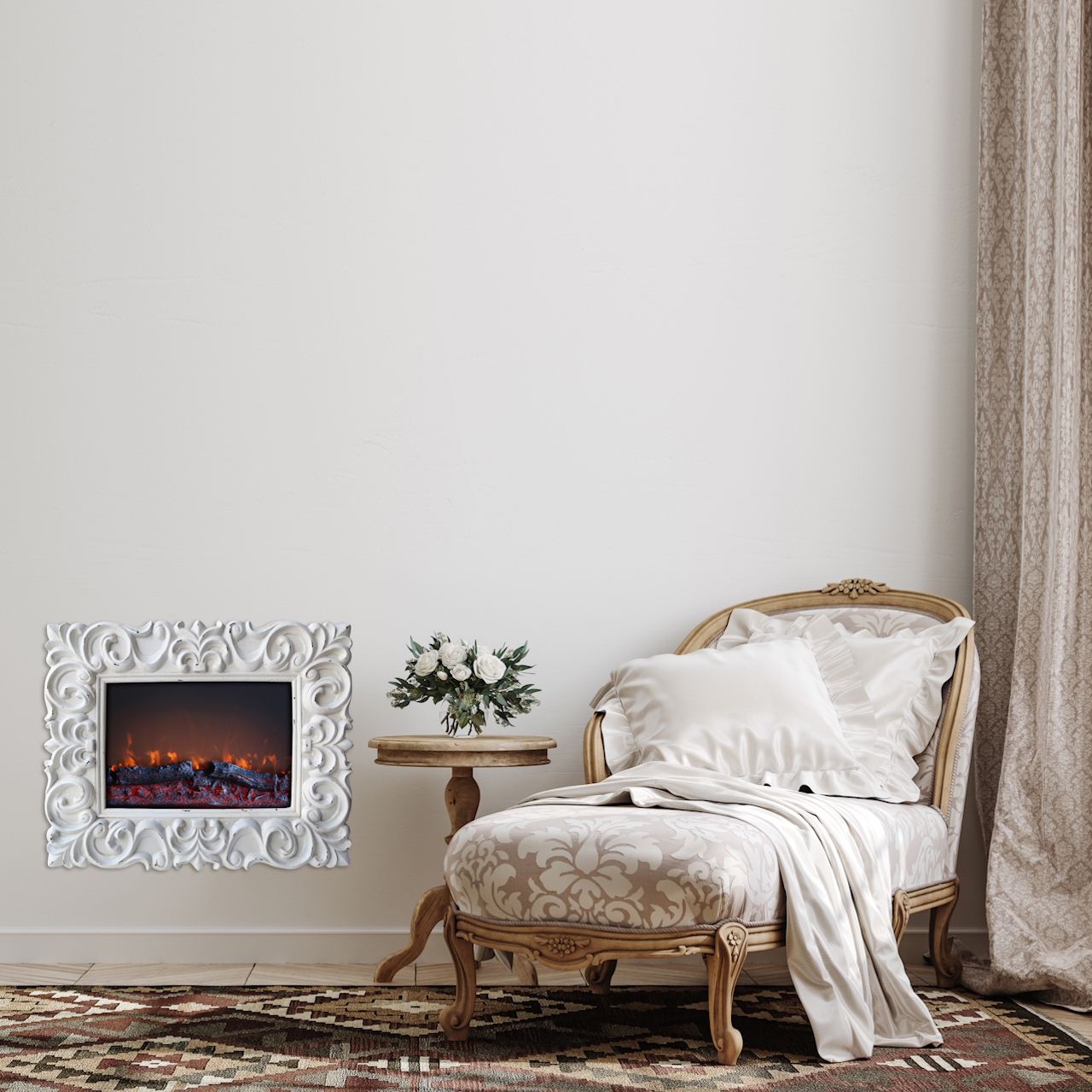 Camino elettrico Chic da parete in stile shabby, con effetto fiamma realistico, letto di brace, telecomando e riscaldamento regolabile.