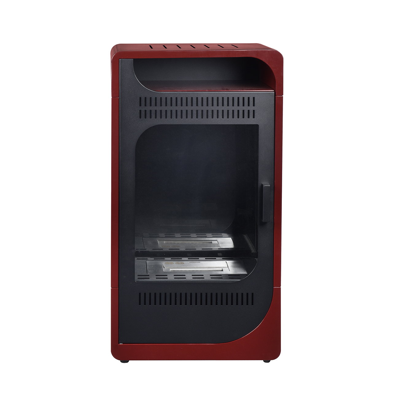 Stufa Fiammetta a bioetanolo, bruciatore certificato da 2 litri posto su carrello estraibile per facilitarne il riempimento. Nuovo design. Versione ventilata scalda per circa 40 mq, 3,5 kw/h. Velocità ventola regolabile tramite manopola.
