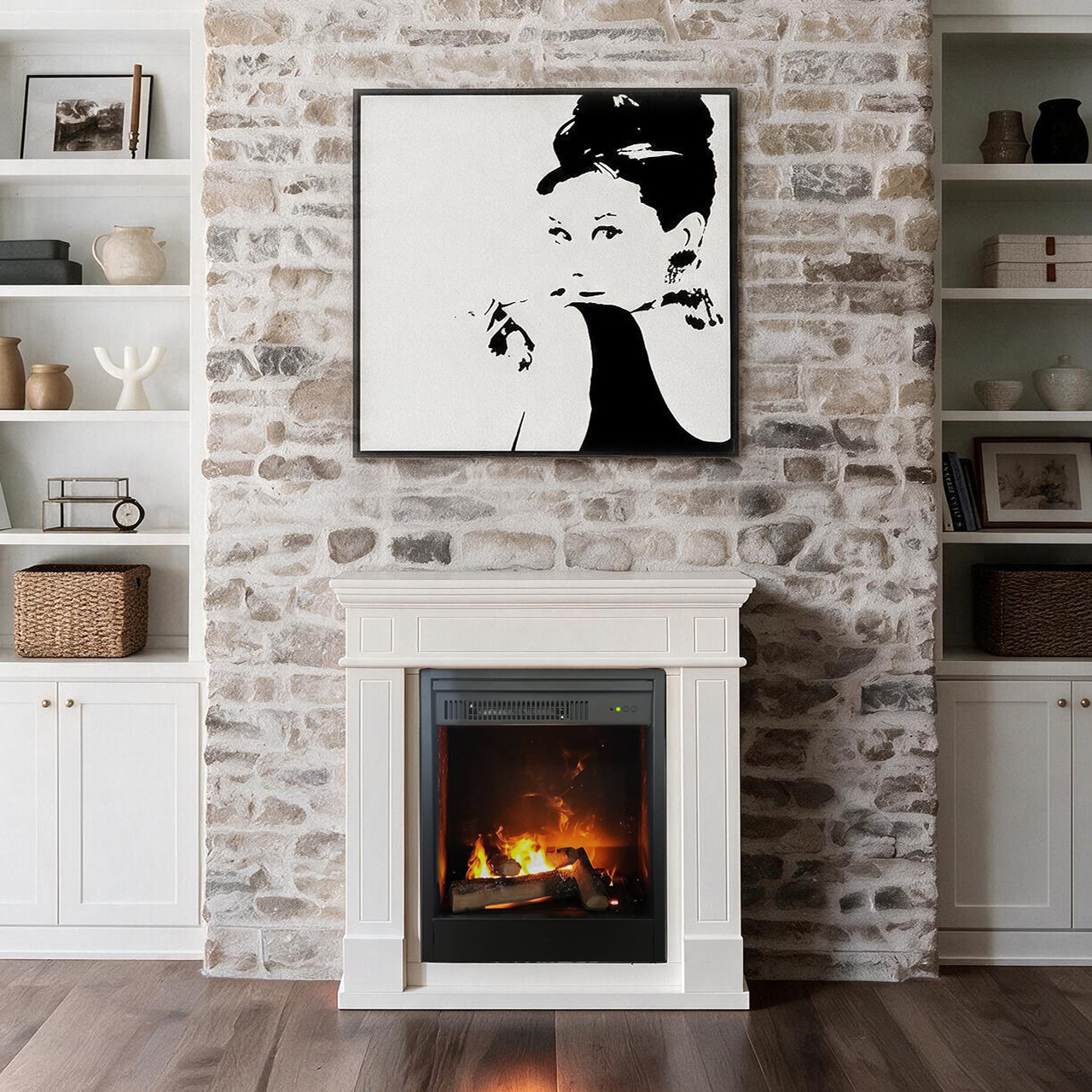 Ginevra - Caminetto Elettrico con fiamma a vapore con fiamma a vapore acquo. Camino elettrico a vapore con struttura in legno MDF lavorato e inserto in acciaio resistente. Decorativo e funzionale, riproduce un realistico effetto fiamma.