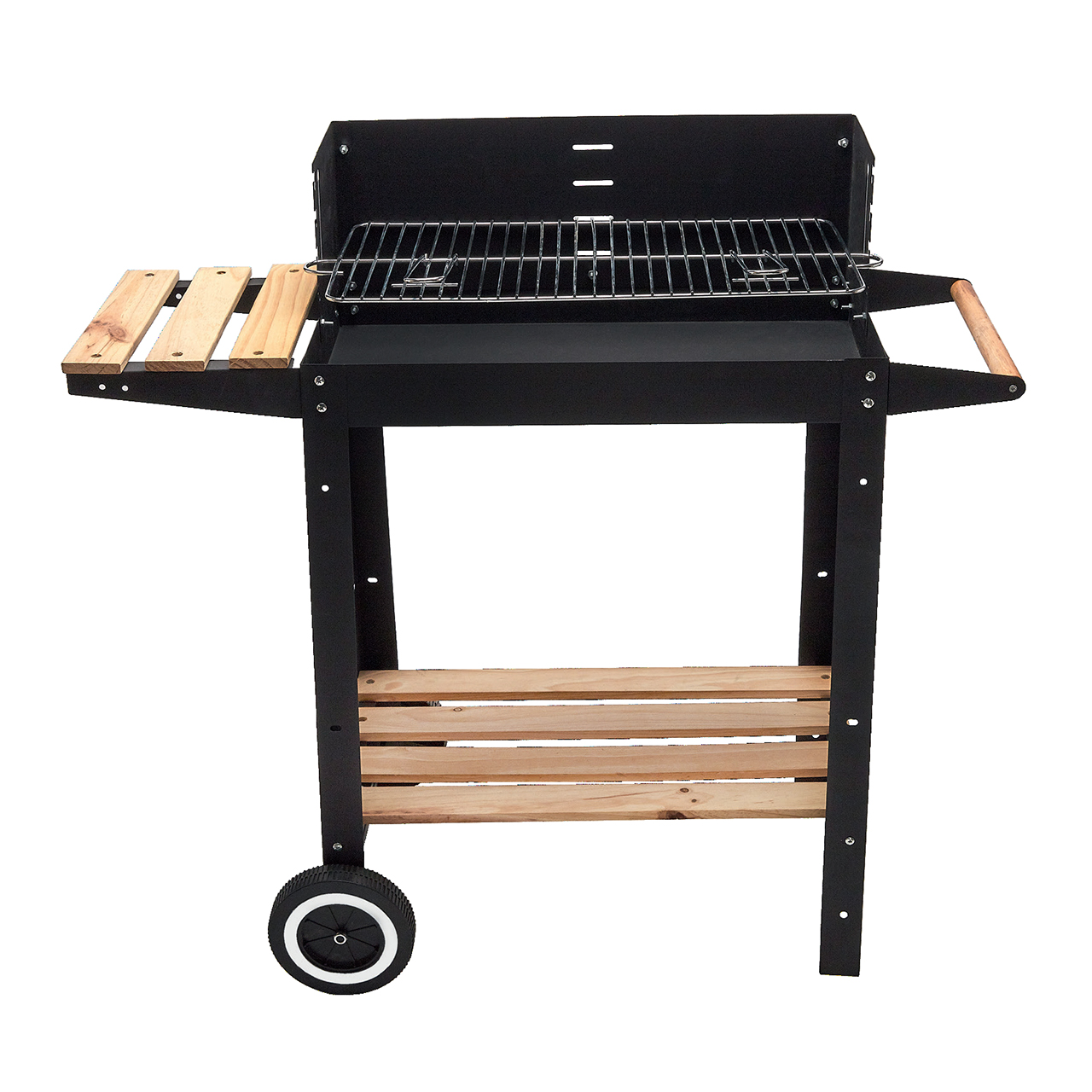 01660 Sebastain barbecue a carbone con Griglia regolabile in 3 posizioni e Vernice nera alta resistenza, con Ripiano laterale e inferiore in legno, Dotato di 2 ruote, Facile da assemblare e pulire, dimensioni griglia 48,5 x 26 cm Dotato di Paravento