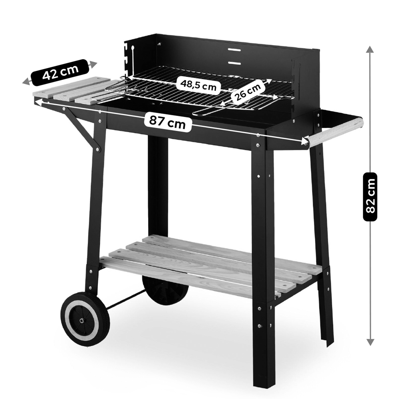 01660 Sebastain barbecue a carbone con Griglia regolabile in 3 posizioni e Vernice nera alta resistenza, con Ripiano laterale e inferiore in legno, Dotato di 2 ruote, Facile da assemblare e pulire, dimensioni griglia 48,5 x 26 cm Dotato di Paravento