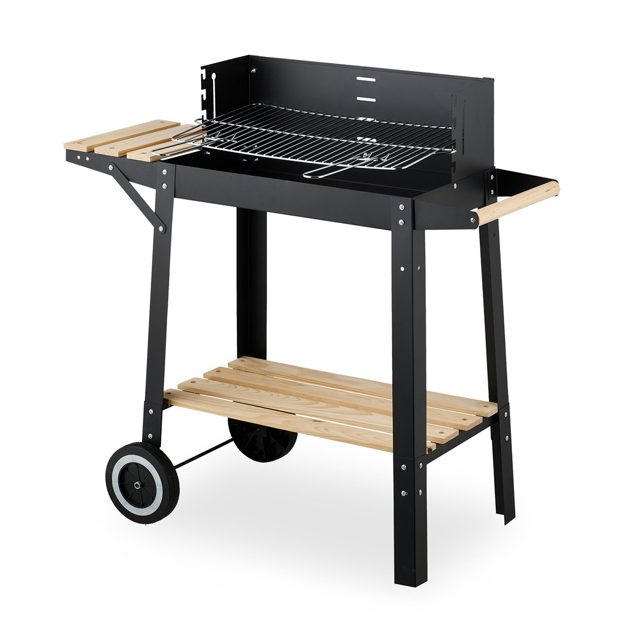 01660 Sebastain barbecue a carbone con Griglia regolabile in 3 posizioni e Vernice nera alta resistenza, con Ripiano laterale e inferiore in legno, Dotato di 2 ruote, Facile da assemblare e pulire, dimensioni griglia 48,5 x 26 cm Dotato di Paravento