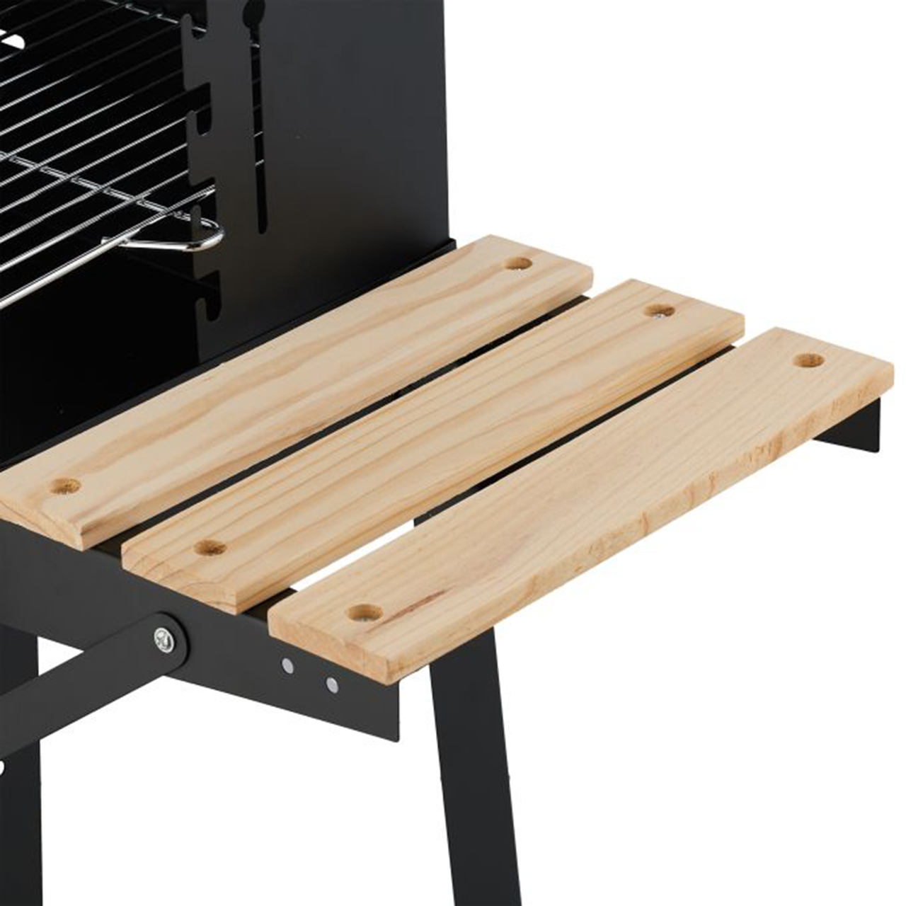01660 Sebastain barbecue a carbone con Griglia regolabile in 3 posizioni e Vernice nera alta resistenza, con Ripiano laterale e inferiore in legno, Dotato di 2 ruote, Facile da assemblare e pulire, dimensioni griglia 48,5 x 26 cm Dotato di Paravento