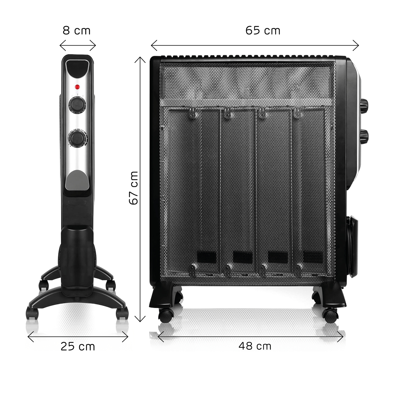 Radiatore elettrico Romeo con elemento in Mica, potenza 2000 W, termostato regolabile, ruote e maniglia per il trasporto.