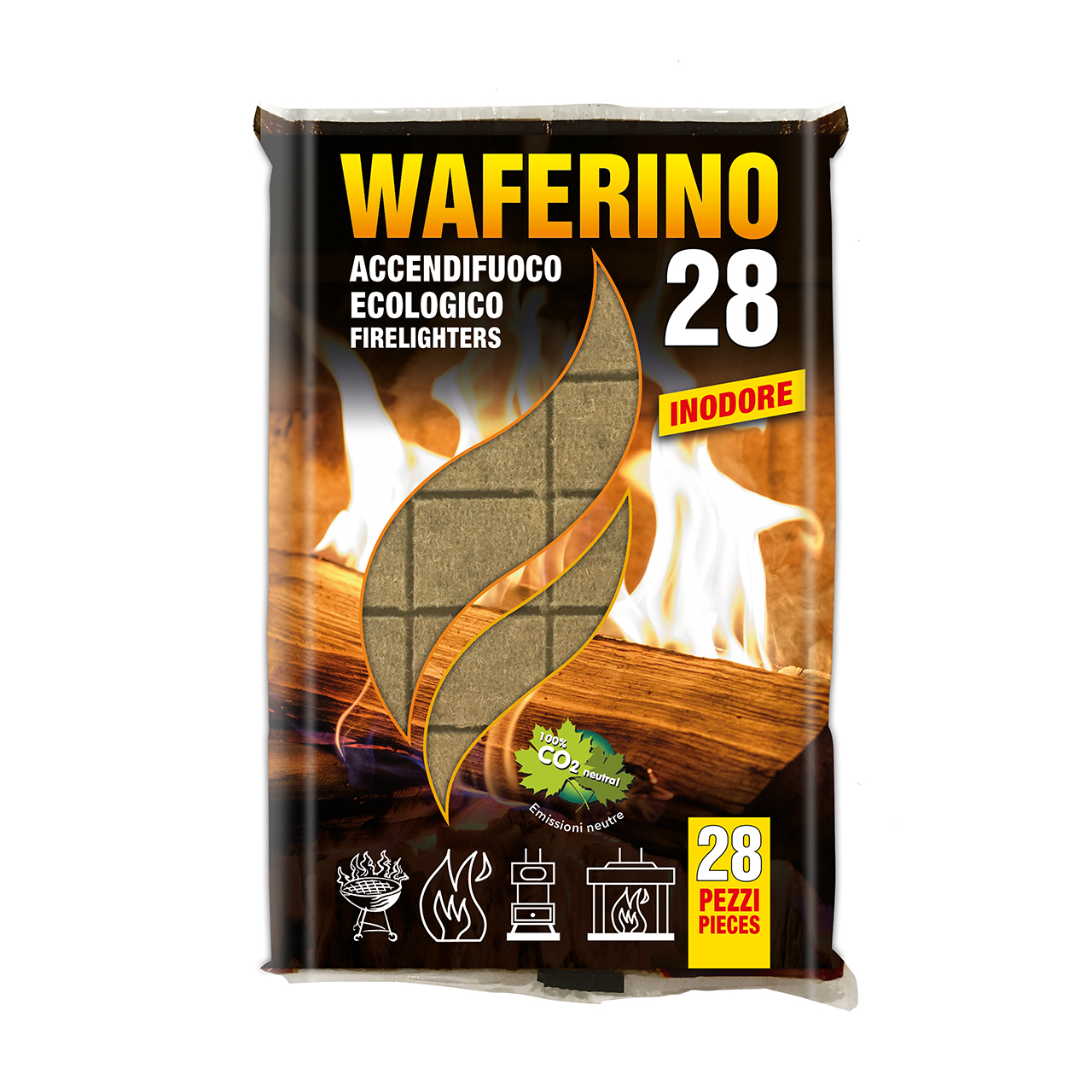 Waferino Accendifuoco Ecologico a tavolette. ubetti accendifuoco di colore bruno rapida accensione, adatti per camini, stufe e barbecue. Un cubetto brucia per circa 10 minuti.