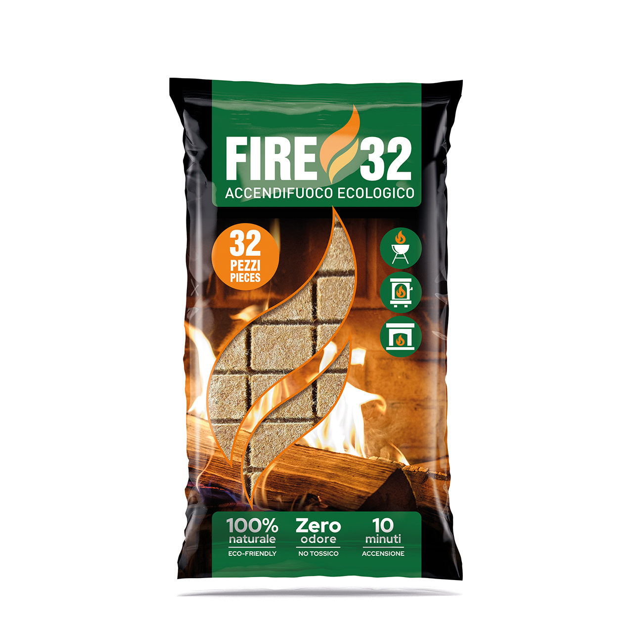 Fire 32 accendifuoco ecologici confezione da 32 cubetti. Grazie alla loro formulazione, i cubetti FIRE32 sono inodori e non tossici, caratteristiche che li rendono una soluzione pratica per le tue esigenze quotidiane di accensione. Ogni cubetto garantisce una combustione di circa 10 minuti, il tempo necessario per favorire l’avvio del fuoco e permettere al combustibile di prendere gradualmente fiamma.