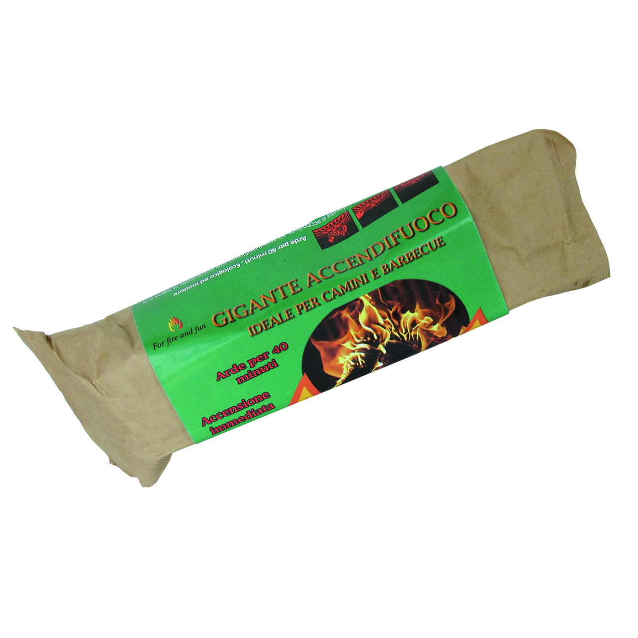 GIANT ACCENDIFUOCO ECOLOGICO Accendifuoco giante, 100% naturale, produce una combustione pulita e senza odore. E’ ideale per l’accensione di camini e barbecue. Assicura una combustione di 40 minuti circa. Ogni cartone contiene 18 pezzi confezionati singolarmente.