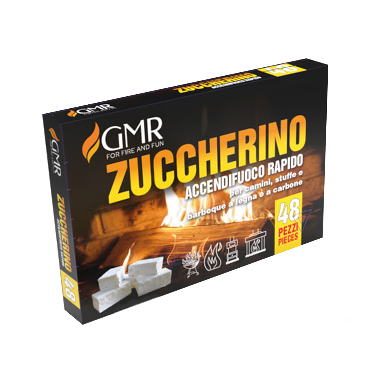 Zuccherino Accendifuoco. Cubetti accendifuoco di colore bianco a base di derivati dal petrolio a rapida accensione, adatti per camini, stufe e barbecue. Scatola contenente 24 confezioni da 48 tavolette.