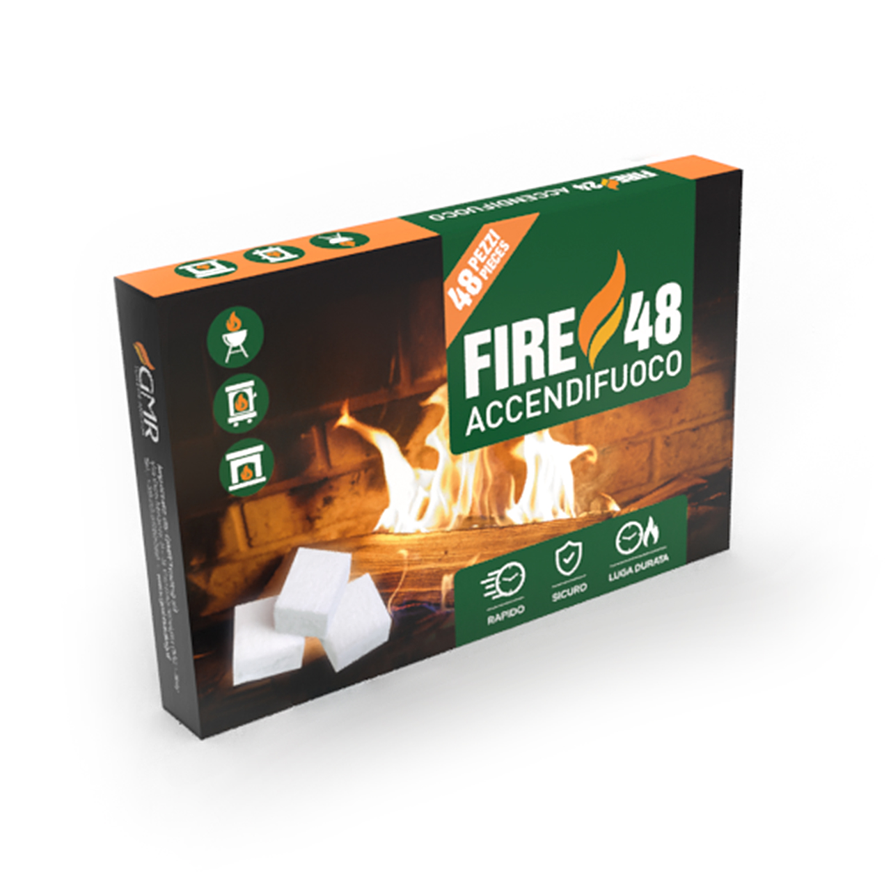 FIRE 48 - accendifuoco bianco da 48 cubi a base di derivati del petrolio. Accensione rapida e combustione di circa 7 minuti. Scatola da 24 confezioni da 48 pezzi