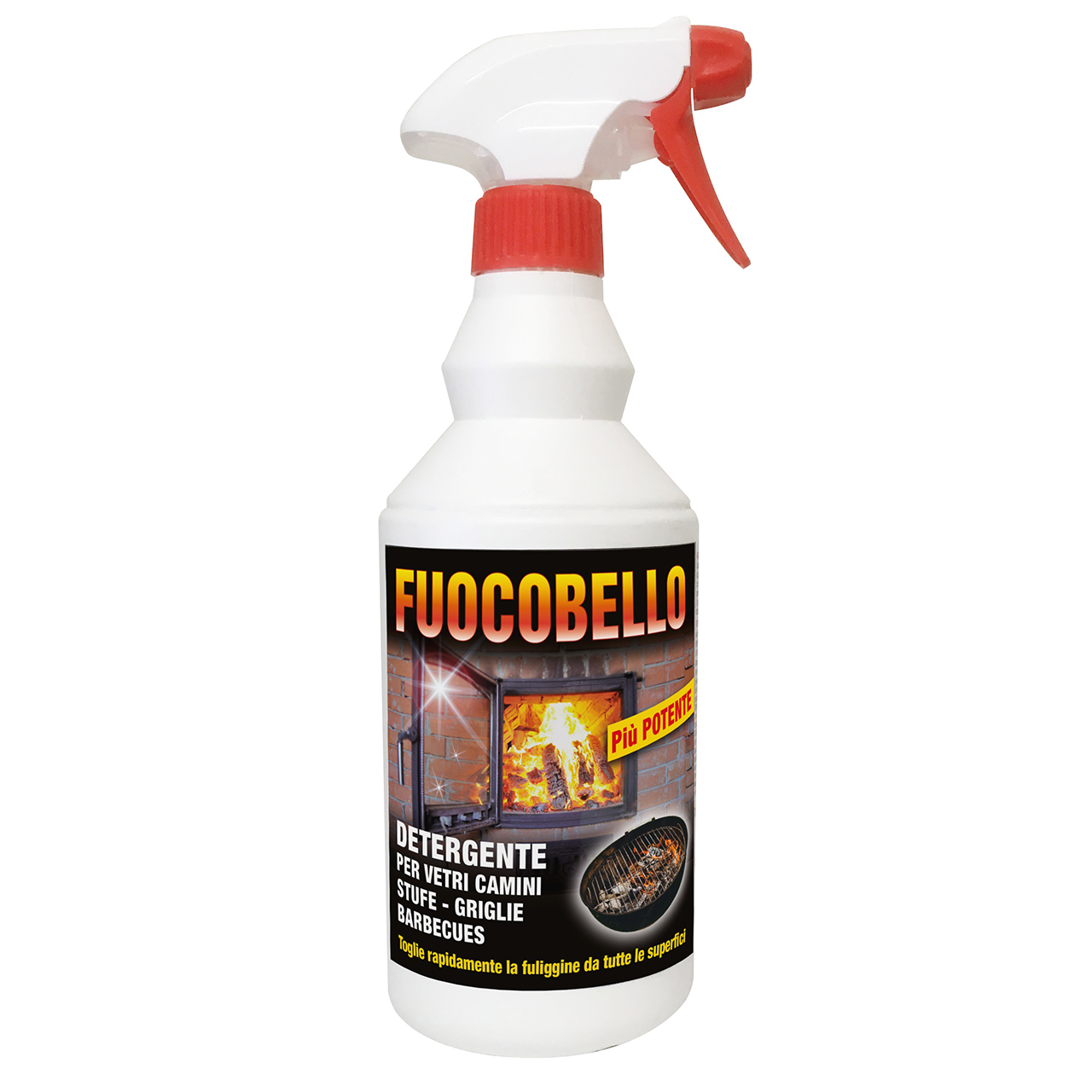 Fuocobello liquido pulitore 750ml Pulitore liquido per togliere la fuliggine dai vetri dei caminetti e delle stufe. Confezionato in trigger contenente 750 ml di prodotto da nebulizzare sulle parti da pulire.