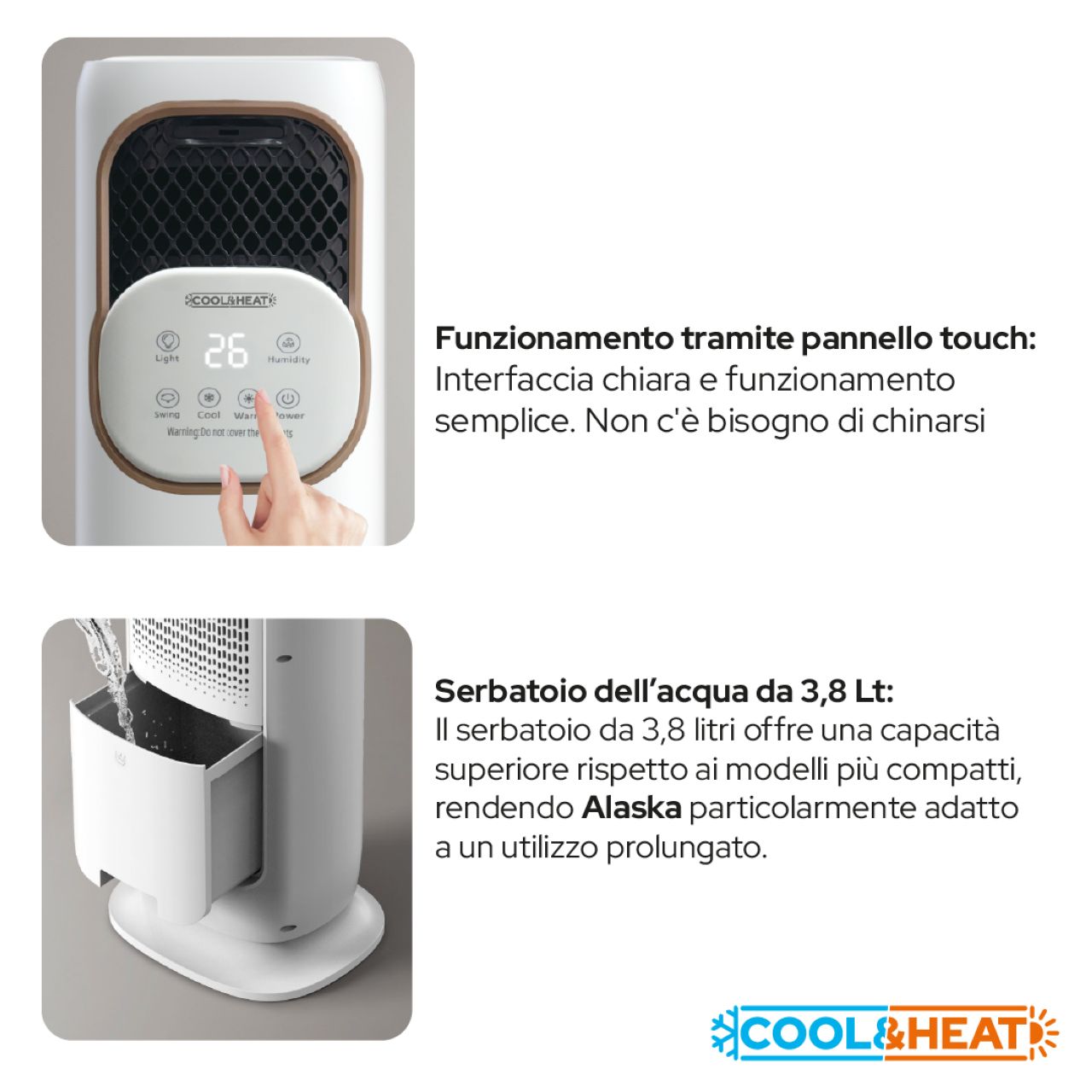 Alaska raffrescatore ad acqua e termoconvettore 4 in 1 con serbatoio da 3,8 litri, umidificatore, luce UV e funzioni di raffrescamento e riscaldamento.
